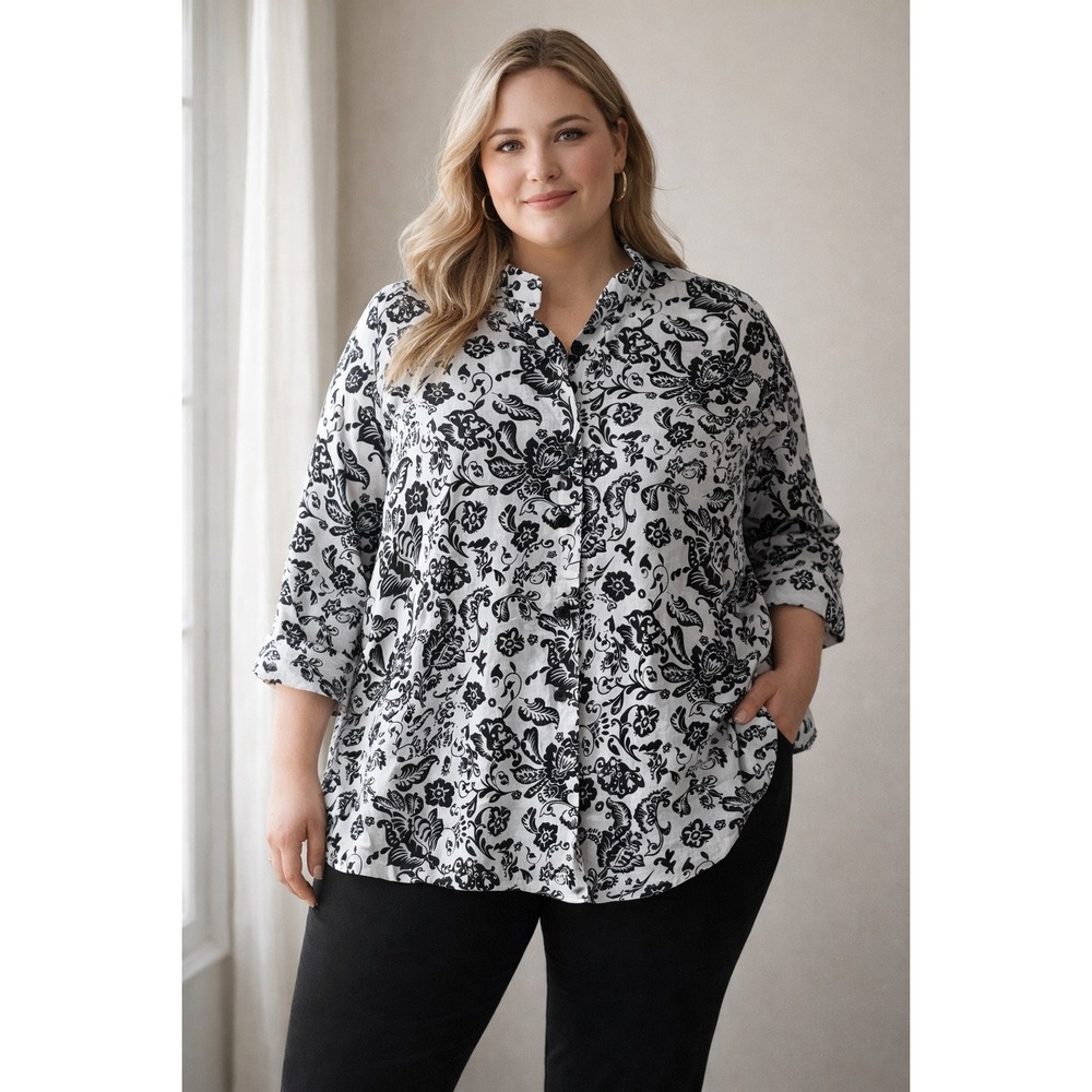 Lily Stanhope Woman Black White Floral Print Button Down‎ Linen Shirt 1X